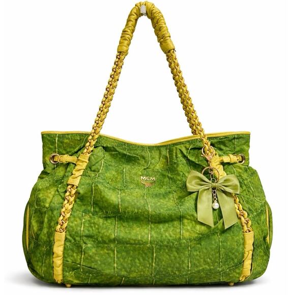 MCM Green Leather Shoulder Bag Gold Chain Handles Vintage Rare Purse Tote - Picture 1 of 16